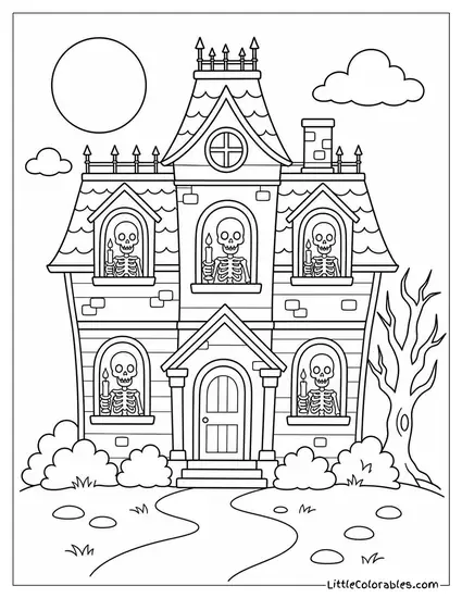 Haunted House with a Skeleton in Every Window Holding a Candle and Grinning Coloring Page