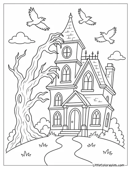 Haunted House with a Spooky Tree Clawing at Its Roof as Crows Circle the Tower Coloring Page