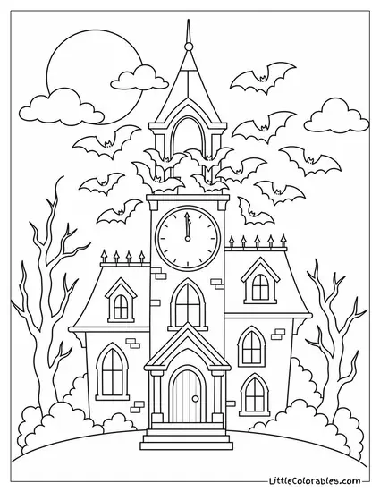Haunted House with a Tower Clock Striking Midnight as Bats Explode from the Belfry Coloring Page