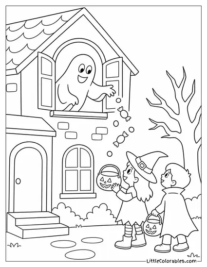 Haunted House with an Open Window and a Ghost Tossings Candy to Trick or Treaters Below Coloring Page