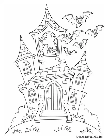 Haunted House with Crooked Towers as Bats Burst Out of Its Broken Attic Window Coloring Page