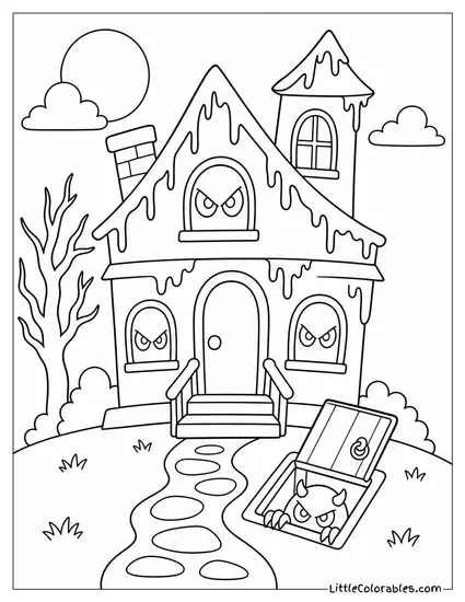 Haunted House with Dripping Slime, Glowing Eyes and a Monster Peeking from the Cellar Door Coloring Page