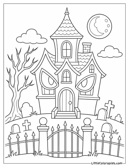 Haunted House with Its Windows Glowing Like Eyes Above a Graveyard Fence Coloring Page