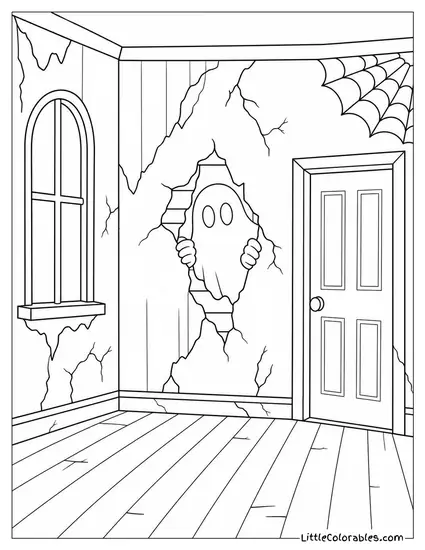 Haunted House with Peeling Wallpaper, Cracked Walls and a Ghost Peeking Through a Hole Coloring Page