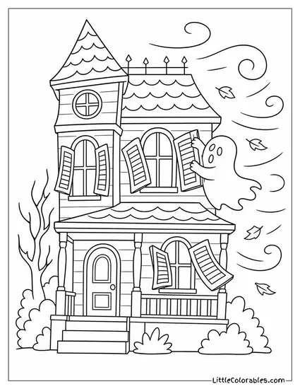 Haunted House with Shutters Banging in the Wind and a Ghost Clinging to the Shutter Coloring Page