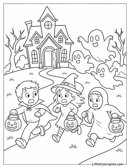 Haunted House with Trick or Treaters Running Away as Ghosts Chase Them Down the Path Coloring Page