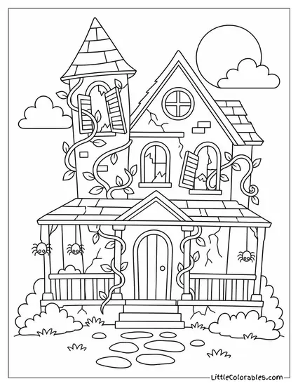 Haunted House with Vines Snaking Through Broken Shutters and Spiders Dangling from the Porch Coloring Page