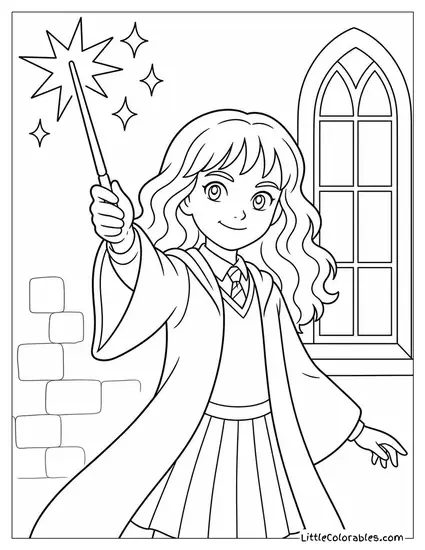 Hermione Granger Casting a Glowing Spell With Her Wand Raised Coloring Page