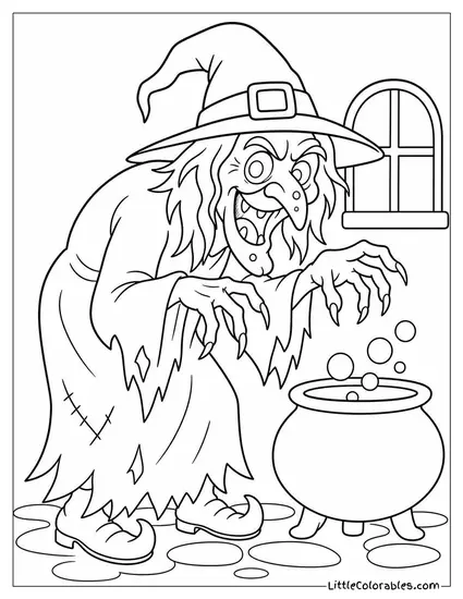Hideous Old Witch With a Hunched Back and Gnarled Clawed Fingers Cackling Coloring Page