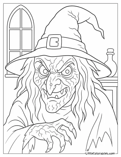 Hideous Witch With Bulging Veins and Cracked Skin Glaring With a Wicked Sneer Coloring Page