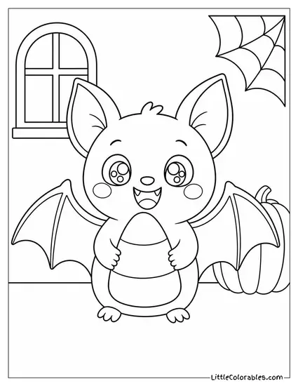 Kawaii Bat Holding a Candy Corn with Rosy Cheeks and Sparkly Eyes Coloring Page