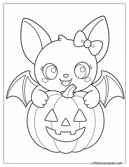 Kawaii Bat Hugging a Jack O Lantern with a Tiny Witch Free Bow on Its Ear Coloring Page