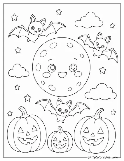 Kawaii Bats Flying Around a Smiling Moon with Stars and Tiny Pumpkins Coloring Page