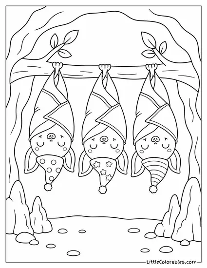 Kawaii Bats Sleeping Upside Down in a Cozy Row with Tiny Nightcaps Coloring Page