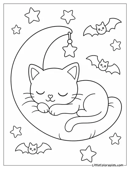 Kawaii Black Cat Sleeping on a Moon Shaped Cushion with Stars and Tiny Bats Coloring Page