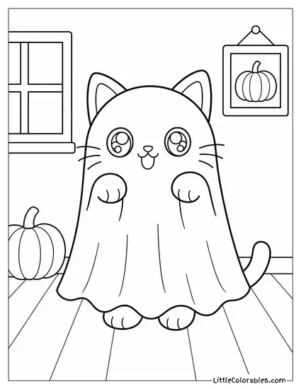 Kawaii Black Cat Wearing a Ghost Costume with Sparkly Eyes Coloring Page