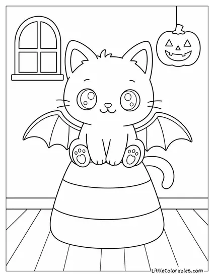 Kawaii Black Cat with Bat Wings Sitting on a Candy Corn Coloring Page