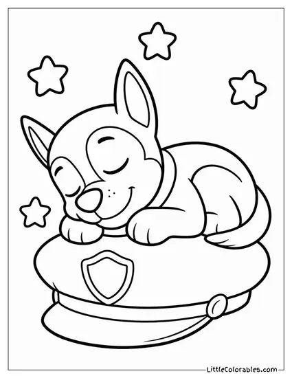 Kawaii Chase Curled Up Asleep on a Police Hat Cushion With Tiny Stars Around Him Coloring Page