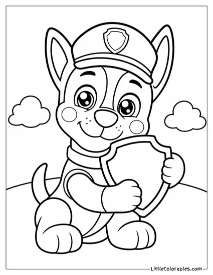 Kawaii Chase Hugging a Tiny Police Badge With Sparkly Eyes and Rosy Cheeks Coloring Page