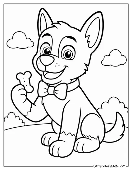 Kawaii Chase Wearing a Bow Tie and Holding a Small Bone Treat Coloring Page