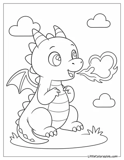 Kawaii Dragon Blowing a Small Heart Shaped Puff of Fire Coloring Page