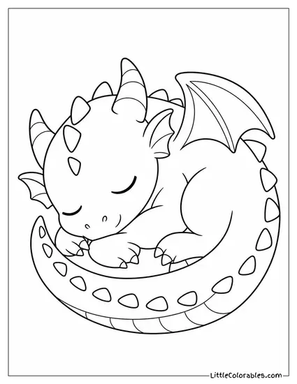 Kawaii Dragon Curled Into a Ball Like a Sleeping Cat Coloring Page