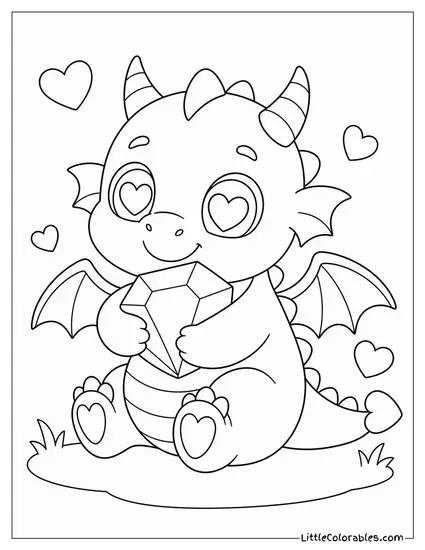 Kawaii Dragon Hugging a Tiny Gemstone With Sparkly Heart Shaped Eyes Coloring Page