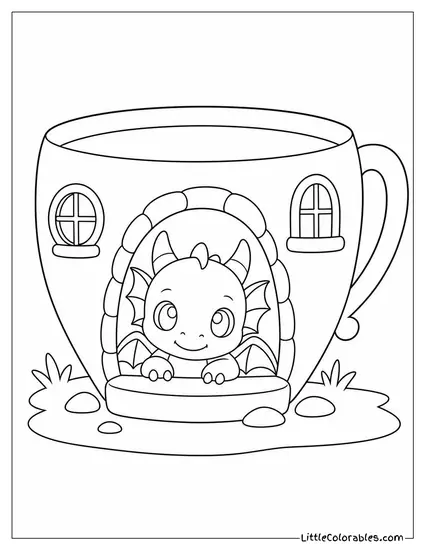 Kawaii Dragon Peeking Out of a Teacup Sized Cave Coloring Page