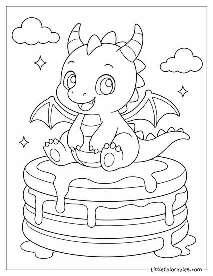 Kawaii Dragon Sitting on a Stack of Pancakes With Syrup Dripping Coloring Page