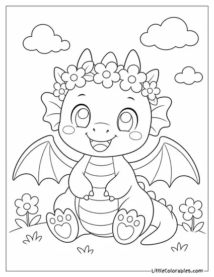 Kawaii Dragon Wearing a Flower Crown With a Happy Blush Coloring Page