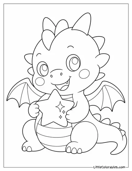 Kawaii Dragon With Rosy Cheeks Holding a Single Sparkling Star Coloring Page
