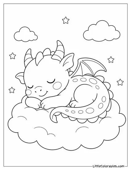 Kawaii Dragon With Round Chubby Cheeks Curled Up Asleep on a Cloud Coloring Page