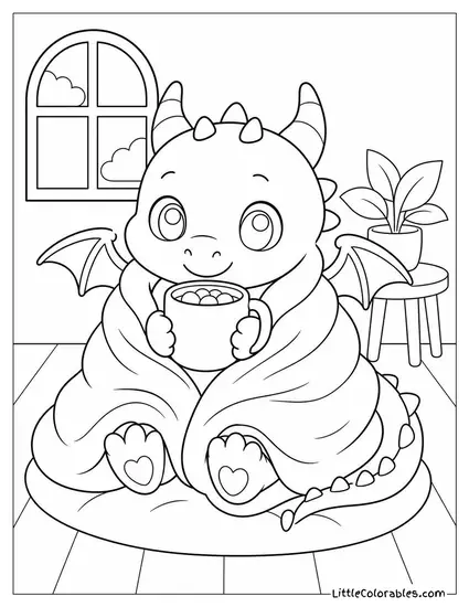 Kawaii Dragon Wrapped in a Blanket Sipping Cocoa With Tiny Wings Coloring Page