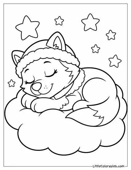 Kawaii Everest Curled Asleep on a Snow Cloud Pillow With Tiny Stars Floating Around Her Coloring Page