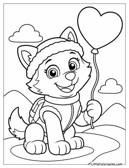Kawaii Everest Holding a Small Heart Shaped Balloon With a Happy Blush Coloring Page