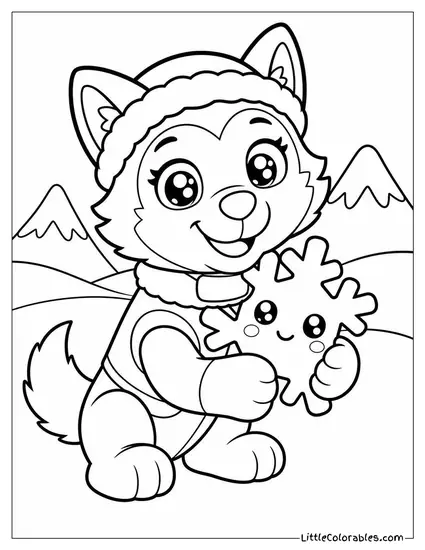 Kawaii Everest Hugging a Tiny Snowflake With Sparkly Eyes and Rosy Cheeks Coloring Page