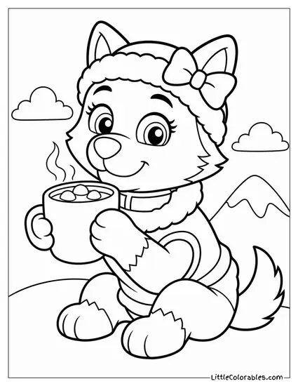 Kawaii Everest Sipping a Hot Chocolate With a Bow on Her Ear Coloring Page