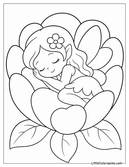 Kawaii Fairy Curled Asleep Inside a Flower Petal Bed Coloring Page