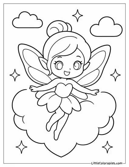 Kawaii Fairy Floating on a Cloud Shaped Like a Heart Coloring Page