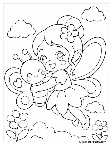 Kawaii Fairy Hugging a Plush Butterfly With a Happy Blush Coloring Page
