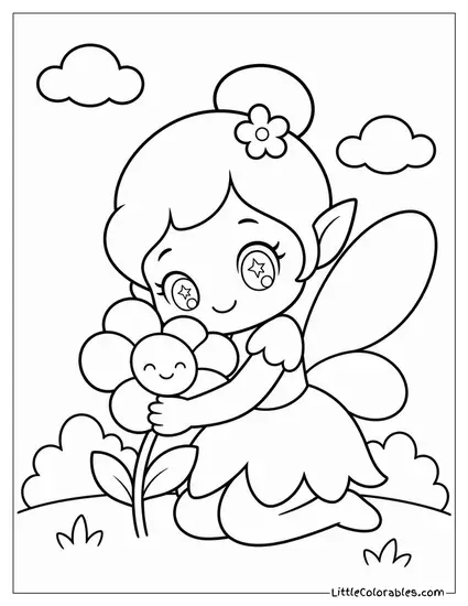 Kawaii Fairy Hugging a Tiny Flower With Sparkly Eyes Coloring Page