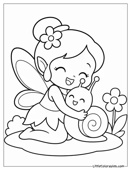 Kawaii Fairy Hugging a Tiny Snail With a Happy Expression Coloring Page