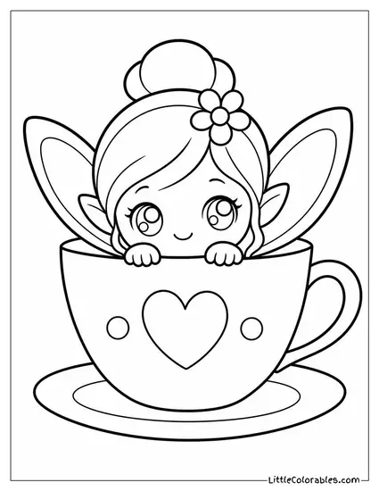 Kawaii Fairy Peeking Out of a Teacup With Sparkly Eyes Coloring Page