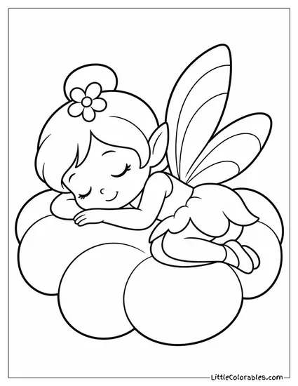 Kawaii Fairy Sleeping on a Petal Shaped Cushion Coloring Page