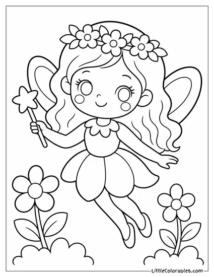 Kawaii Fairy Wearing a Flower Crown With Rosy Cheeks Coloring Page