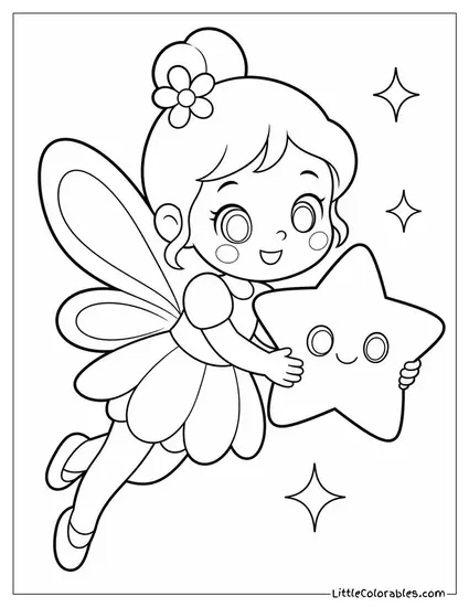 Kawaii Fairy With Rosy Cheeks Holding a Sparkling Star Coloring Page