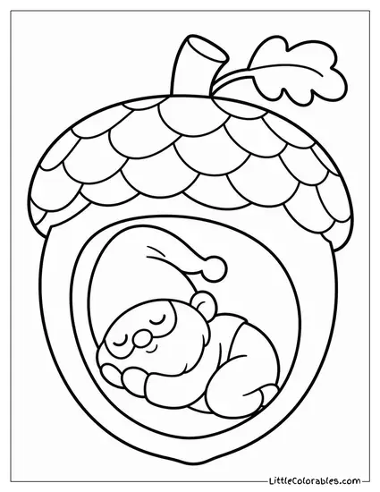 Kawaii Gnome Curled Asleep Inside a Hollow Acorn Coloring Page
