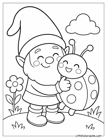 Kawaii Gnome Hugging a Ladybug With a Happy Blush Coloring Page