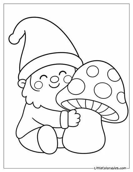 Kawaii Gnome Hugging a Plush Toadstool With Rosy Cheeks Coloring Page