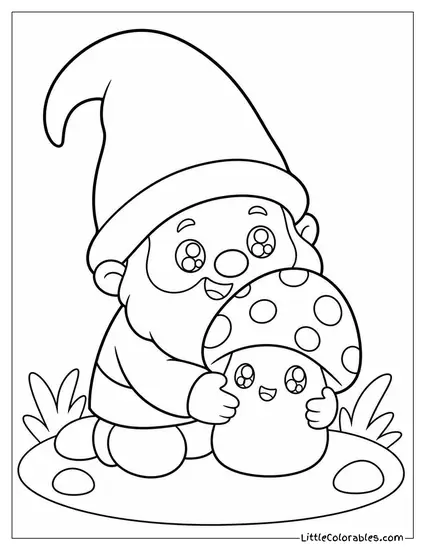 Kawaii Gnome Hugging a Tiny Mushroom With Sparkly Eyes Coloring Page